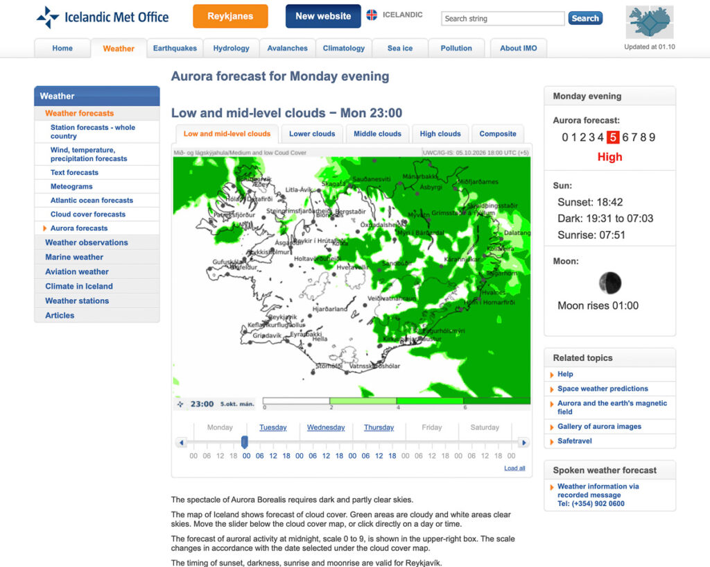 Předpověď polární záře a oblačnosti na Islandu od Icelandic Met Office